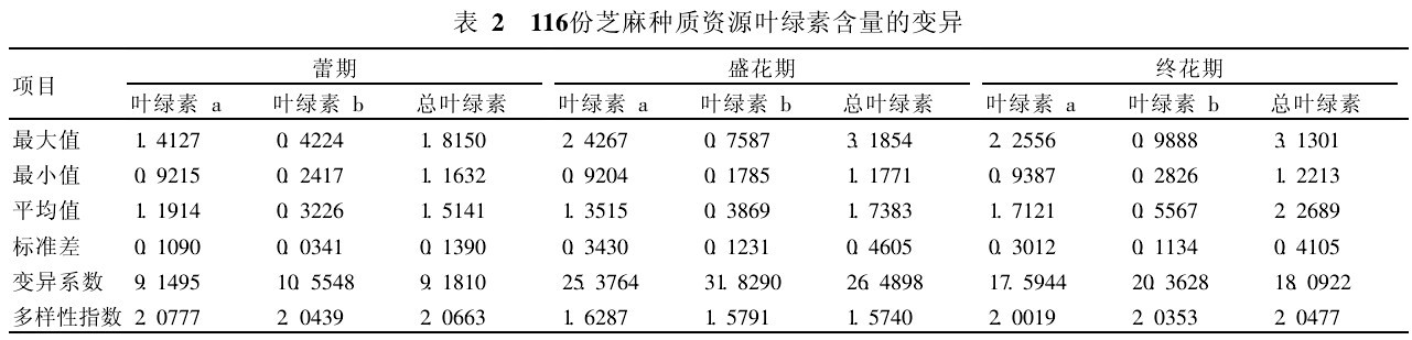 表2 116份芝麻種質資源葉綠素含量的變異