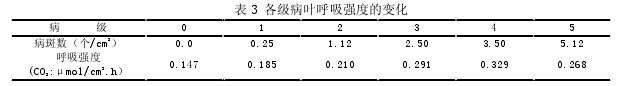 表 3 各級病葉呼吸強度的變化